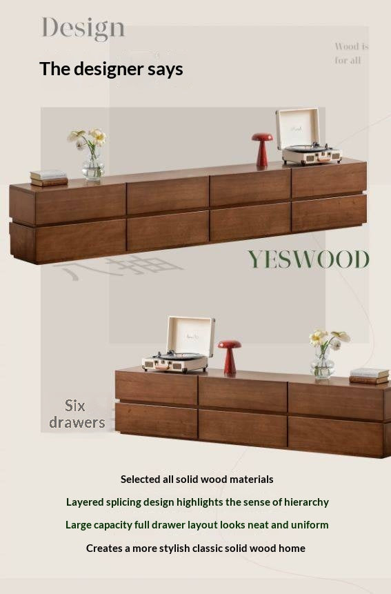 Solid Longan Hardwood Floating Media Console with Push-Open Drawers