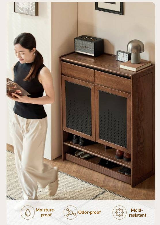Oak Solid Wood Shoe Cabinet with Flip-Top Compartment and Perforated Metal Door