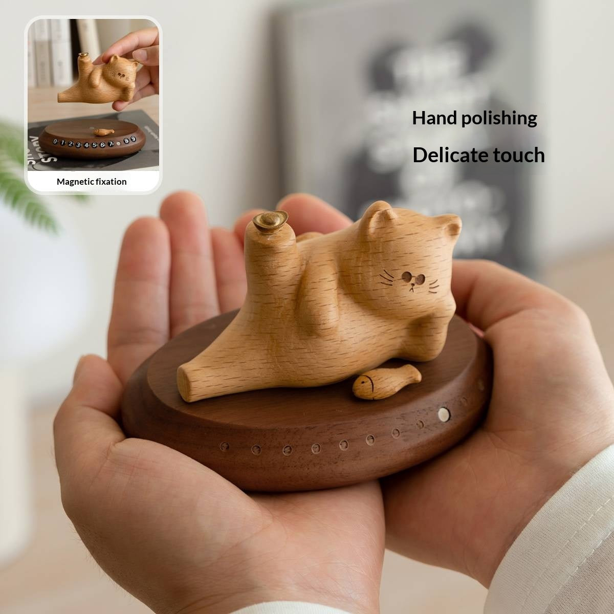 Beech, Black Walnut Solid Wood Lucky Cat Car Diffuser Ornament with Number Plate Design