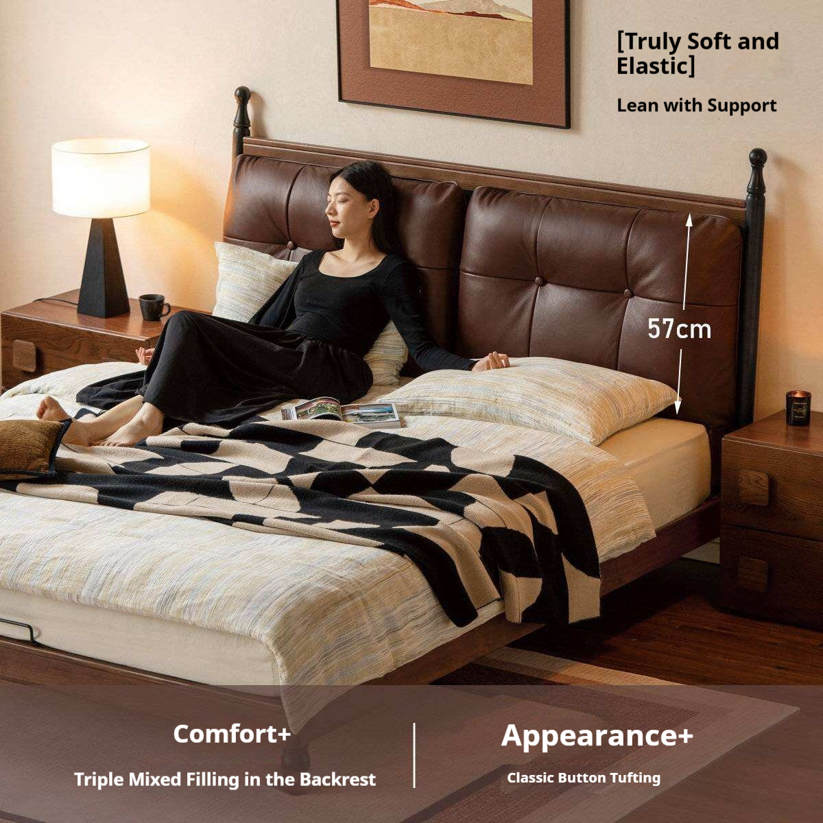 Black Walnut Solid Wood Leather Four Poster Bed with Tufted Headboard