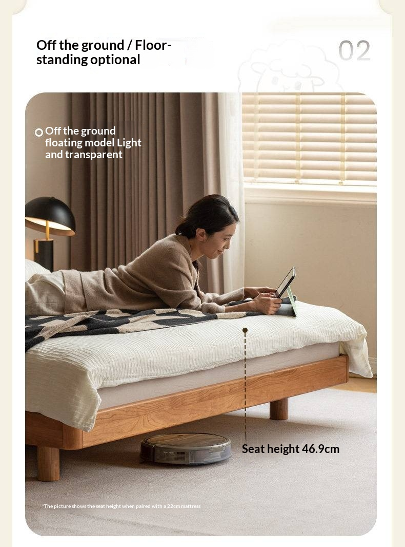 Cherry Solid Wood Upholstered Bed — Platform Bed, Headboard-Free Bed Floor Style, Simple Floating Bed