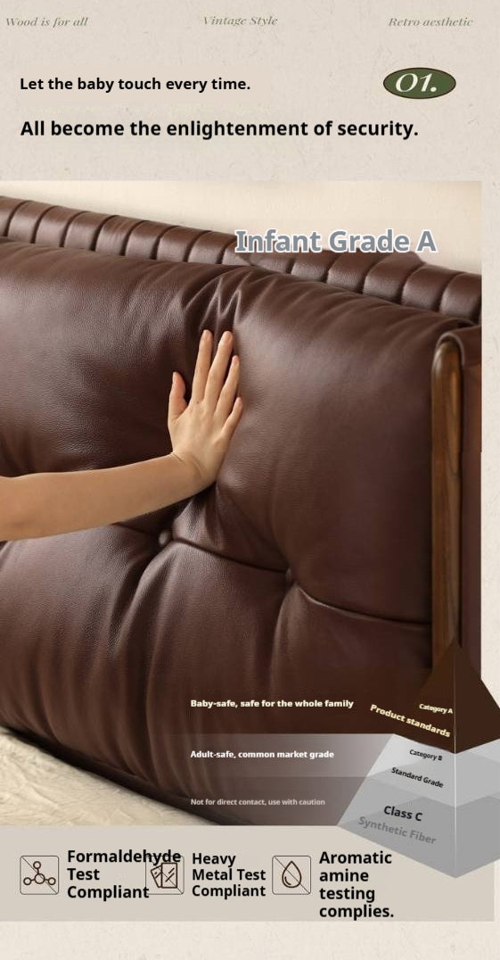 Ash solid wood Genuine Leather Tufted Wingback Bed with Extra Tall Headboard