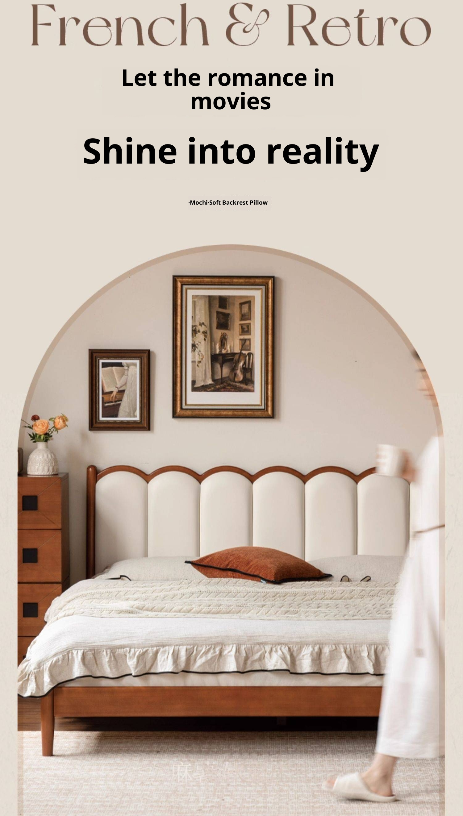 Poplar Solid Wood Bed, French Retro Style Piano Key Bed