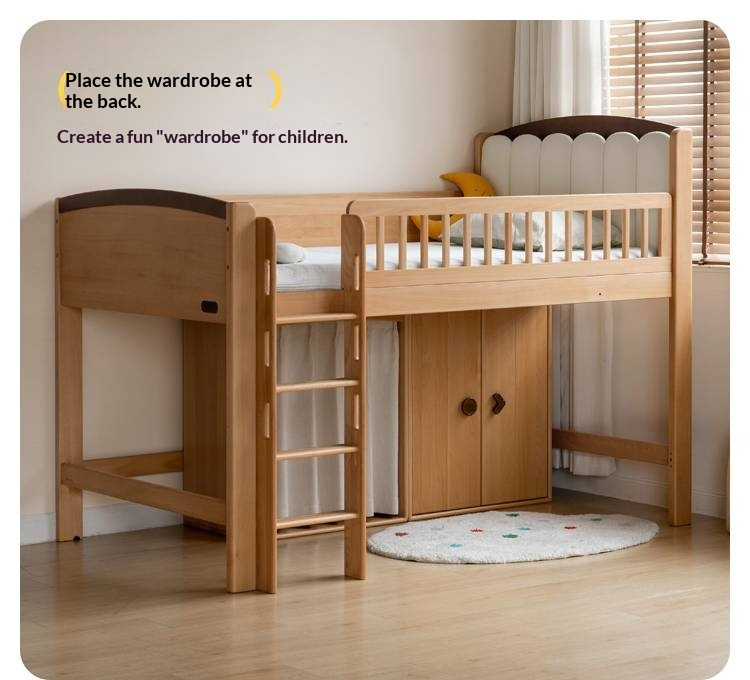 Beech Solid Wood Children's Soft Backrest Storage Loft Bed with Night Light