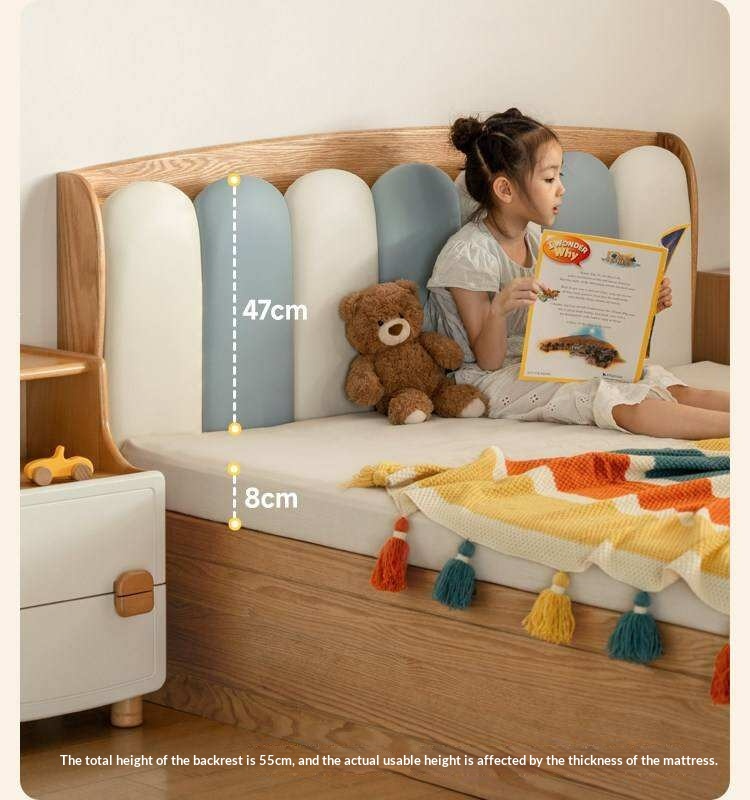 Oak Solid Wood Kids Bed with Adjustable Channel-Tufted Headboard and Gas-Lift Storage