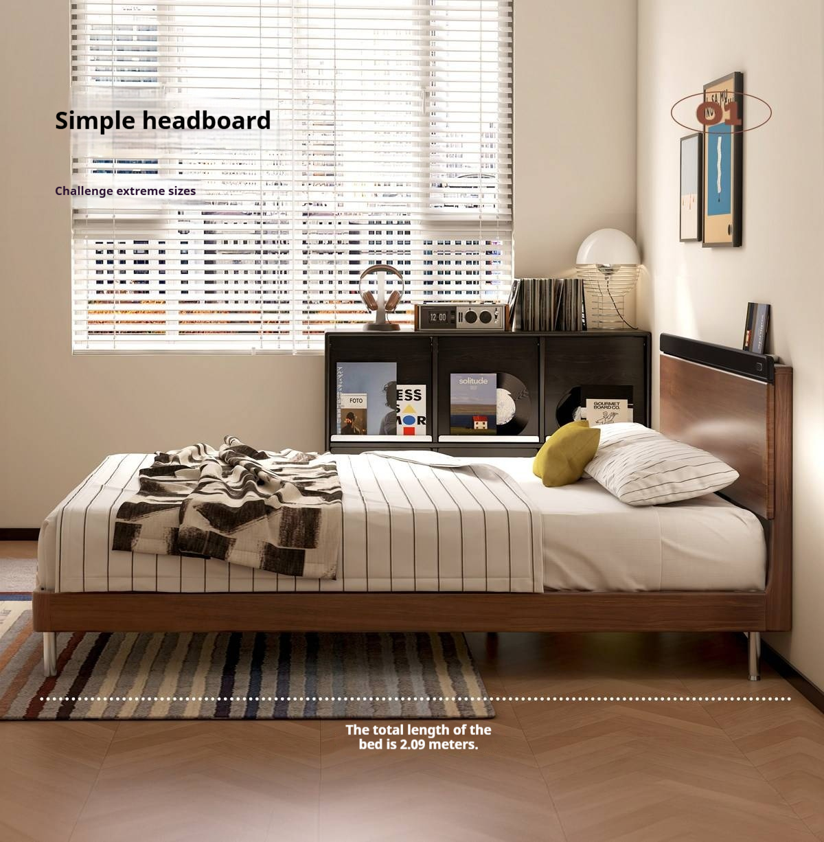 Rubberwood Solid Wood Platform Bed with Metal Legs and Two-Tone Headboard