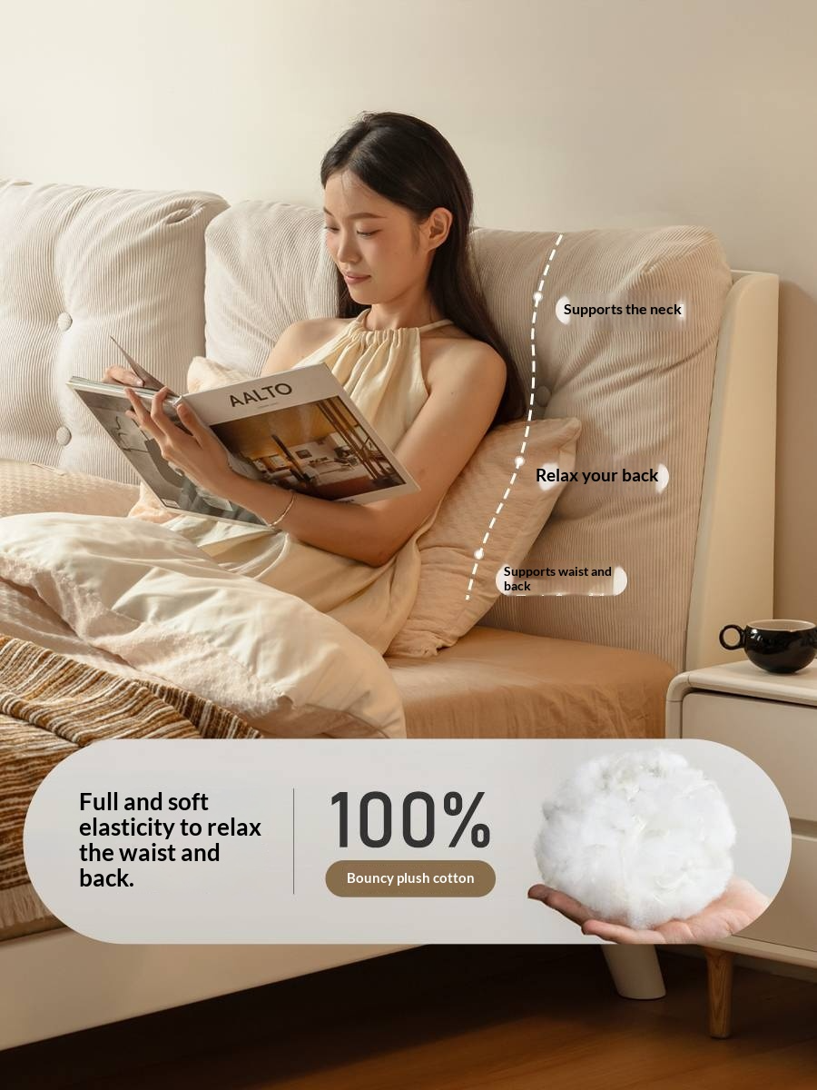 Oak, Rubberwood Solid Bed with Cream Finish — Casual Bedside with Soft Bag Backrest and White Soft Back