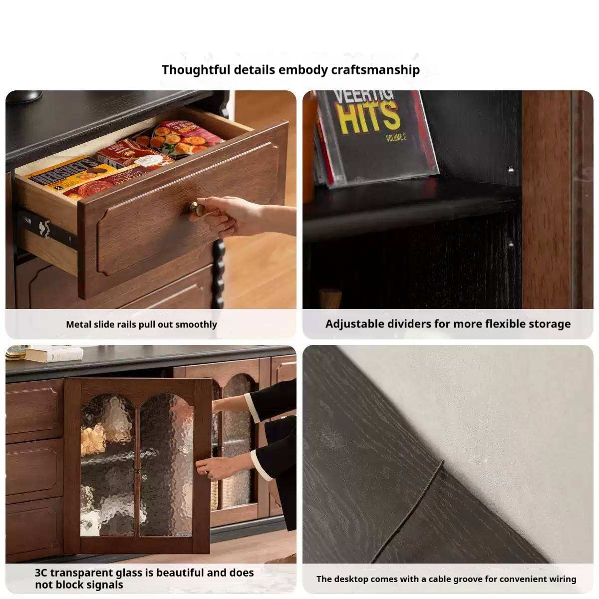 Ash Solid Wood TV Stand with Glass Doors and Drawers, French Style Media Console for Living Room