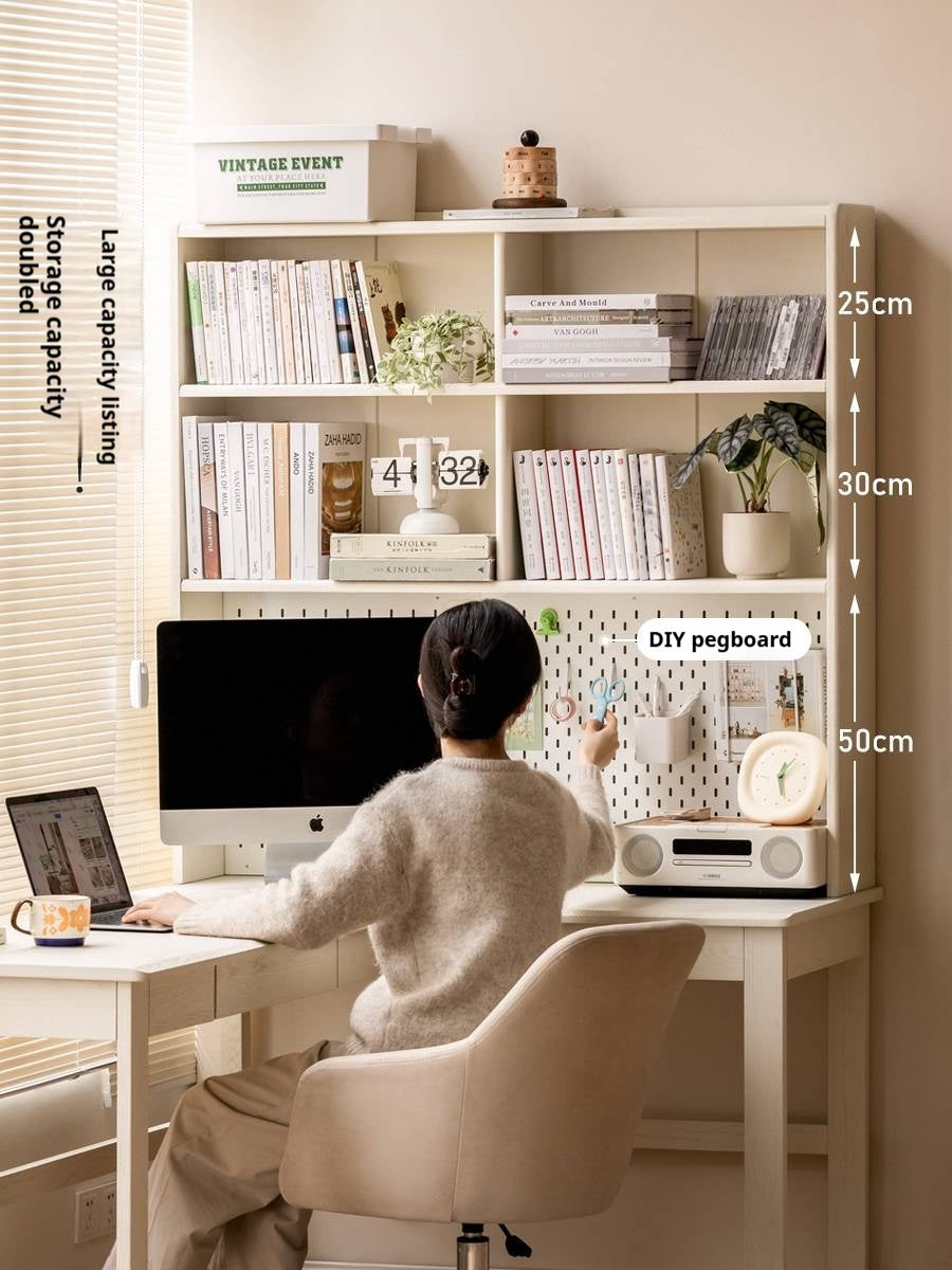 Oak Solid Wood Modern Cream Style Desk and Bookshelf Integrated