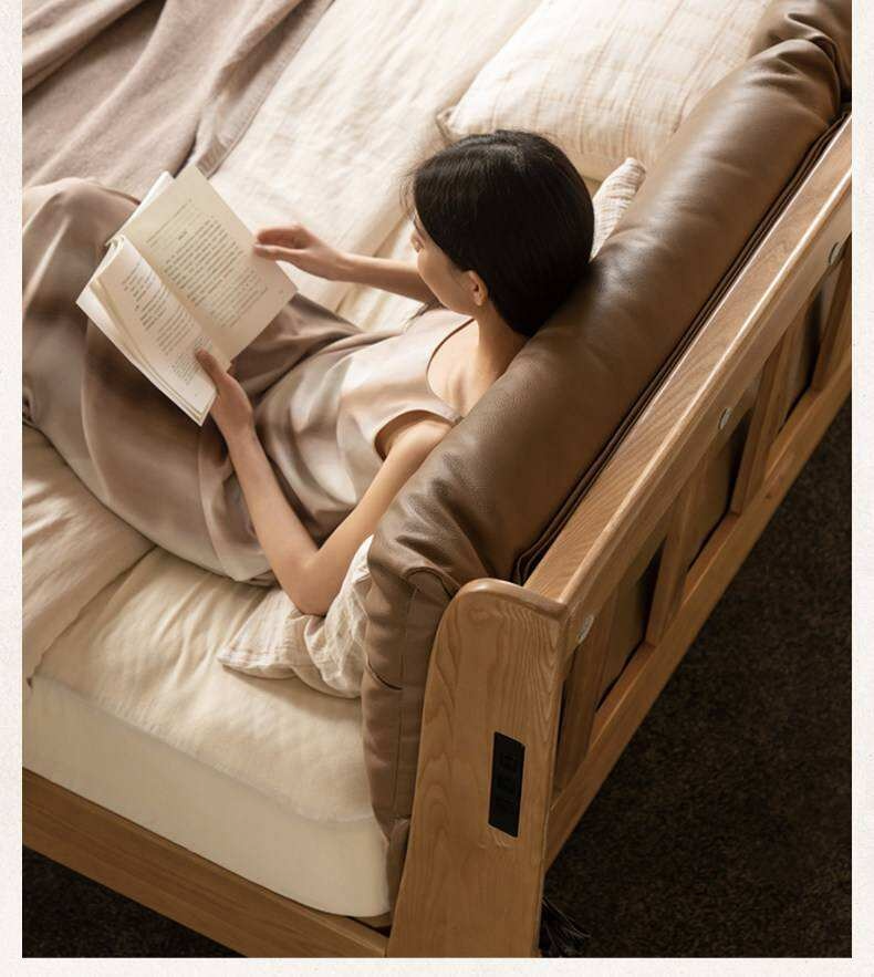 Ash Solid Wood Genuine Leather Upholstered Storage Bed with Electric Lift and LED Lighting
