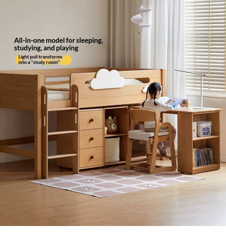 Beech Solid Wood Children's Loft Bed with Under-Table and Storage