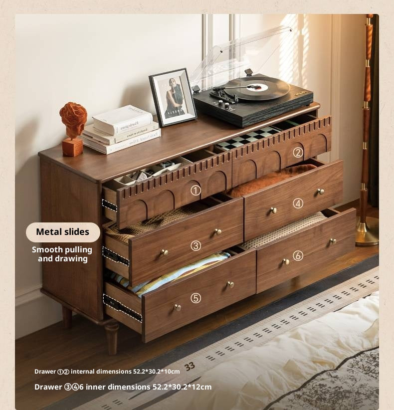 Black Walnut, Poplar, Solid Rubberwood French Retro Chest of Drawers