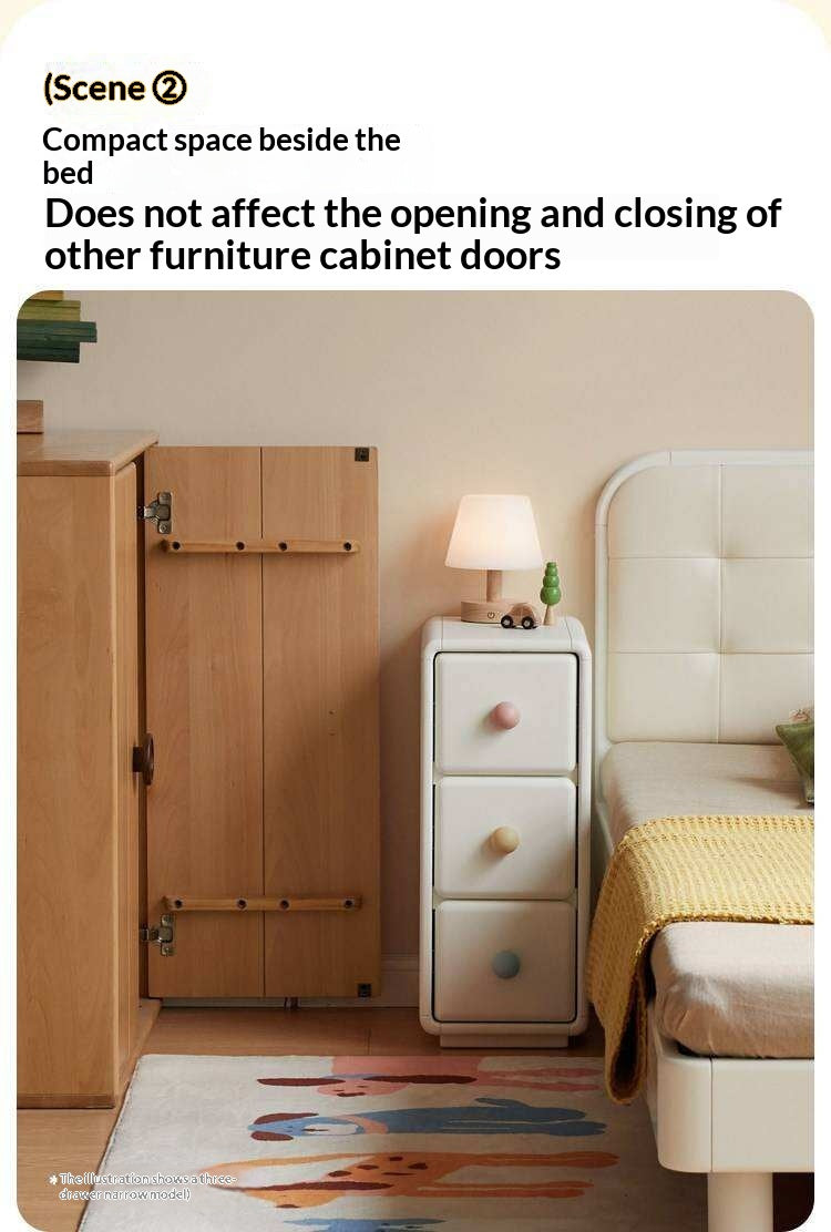 Solid Rubberwood, Beech Solid Wood Cream Style Ultra-narrow Children's Nightstand