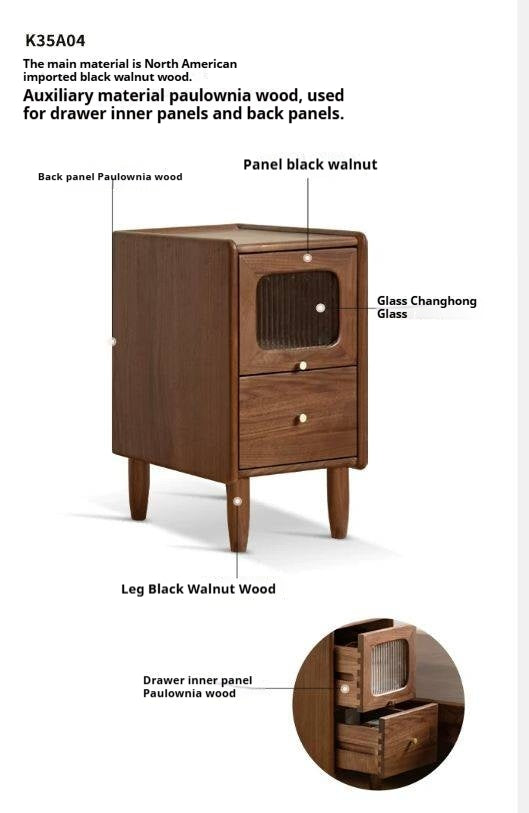Black Walnut, Solid Longan Hardwood, Catalpa Solid Wood Ultra-Narrow Nightstand.