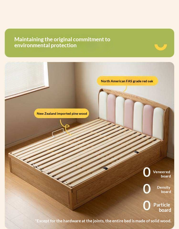 Oak Solid Wood Kids Bed with Adjustable Channel-Tufted Headboard and Gas-Lift Storage