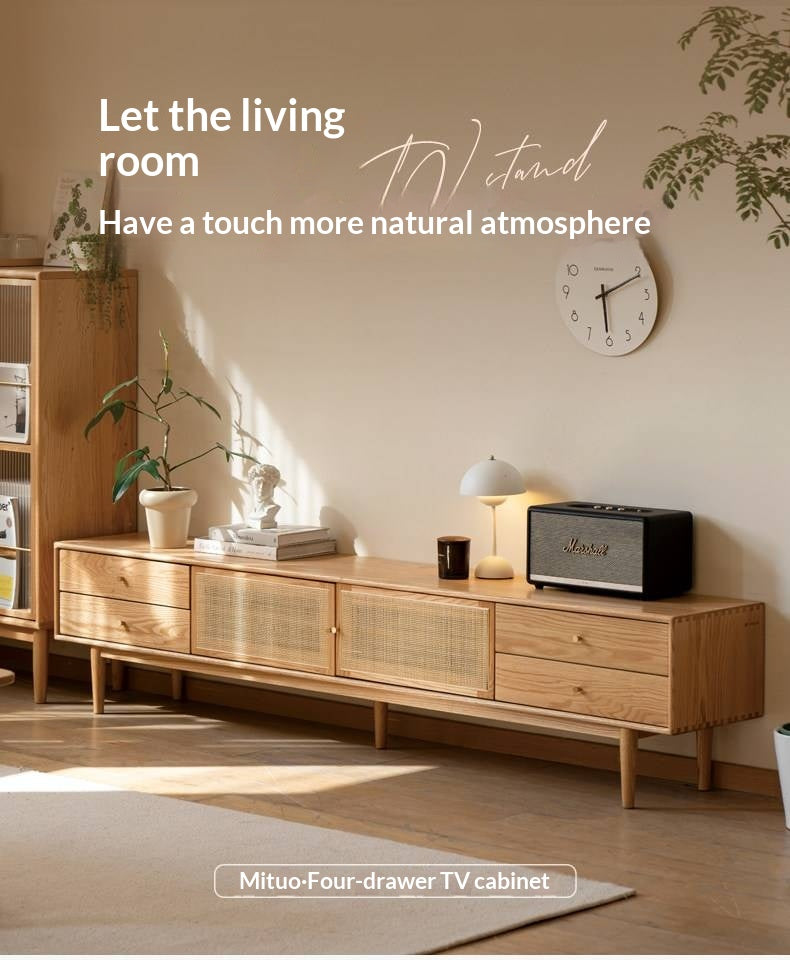 Oak Solid Wood Rattan TV Cabinet