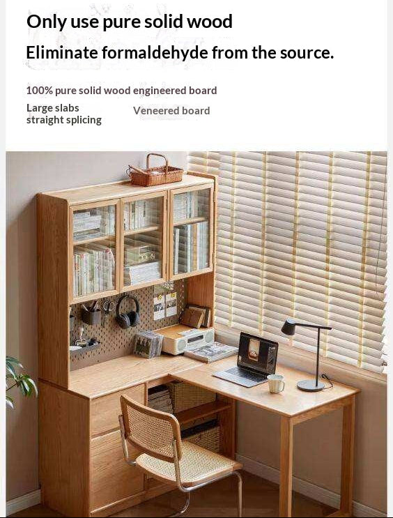 Oak Solid Wood Desk Bookcase Integrated Corner Office Table