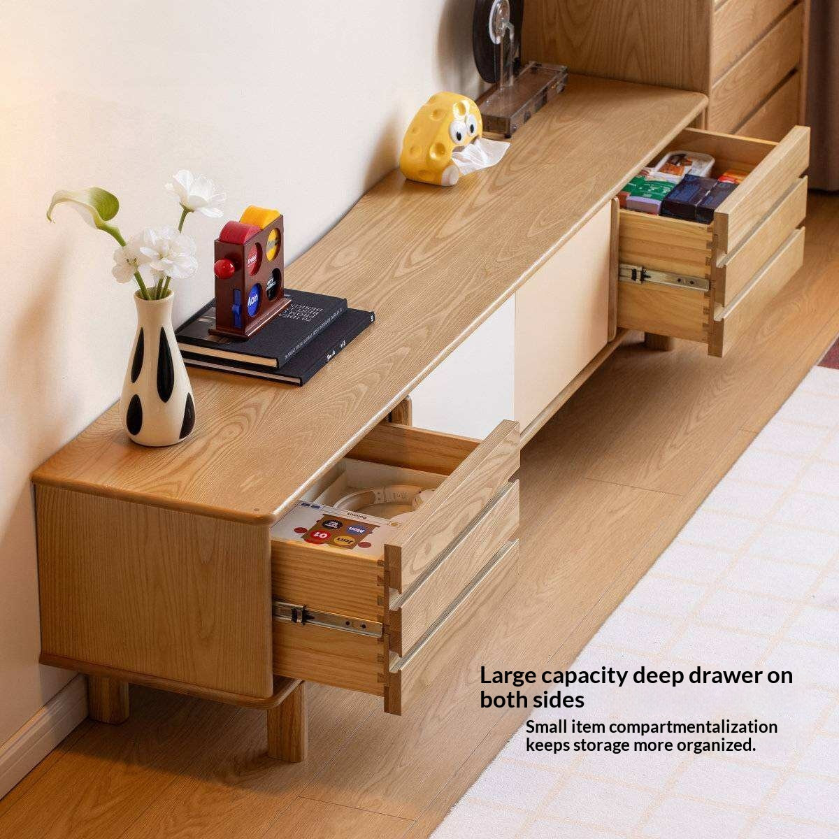 Ash Solid Wood TV Cabinet with Color Block Storage Design