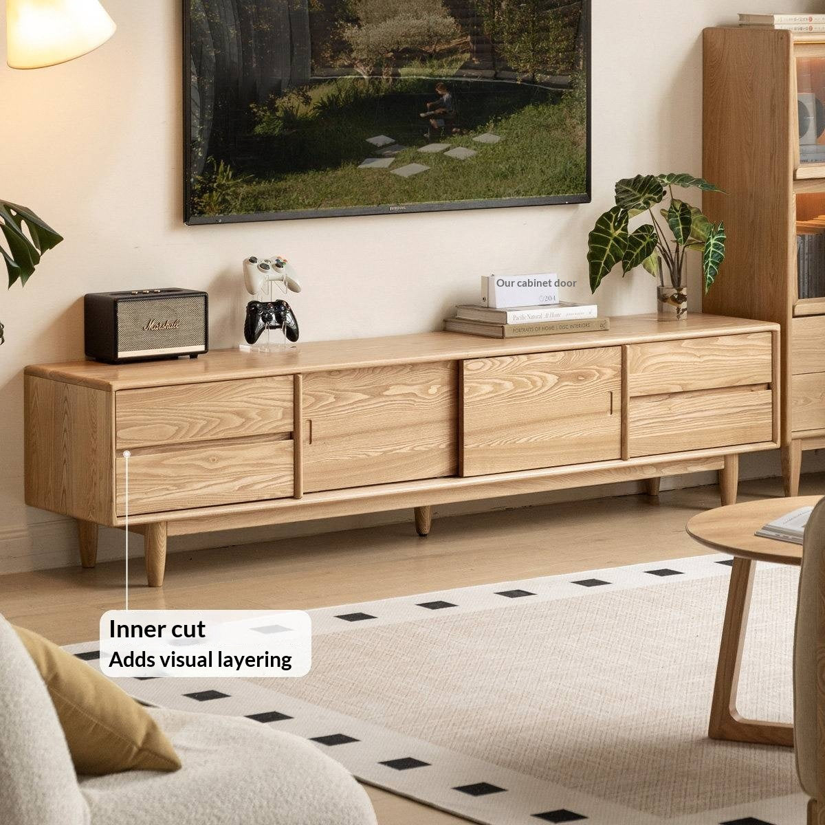 White Ash, Ash Solid Wood TV Stand with Sliding Doors and Sleek Finish