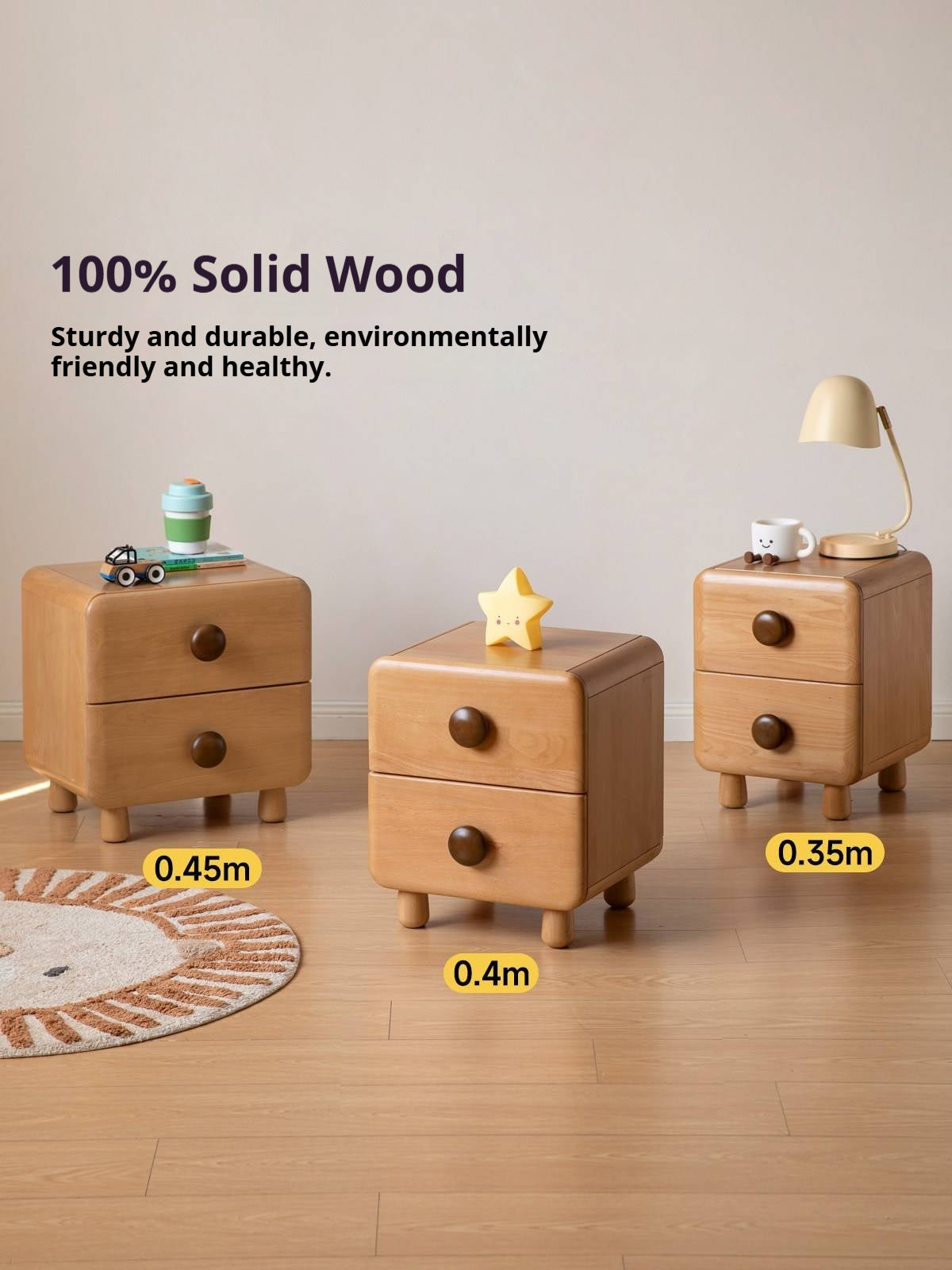 Beech Solid Wood, Solid RubberWood Kids Nightstand