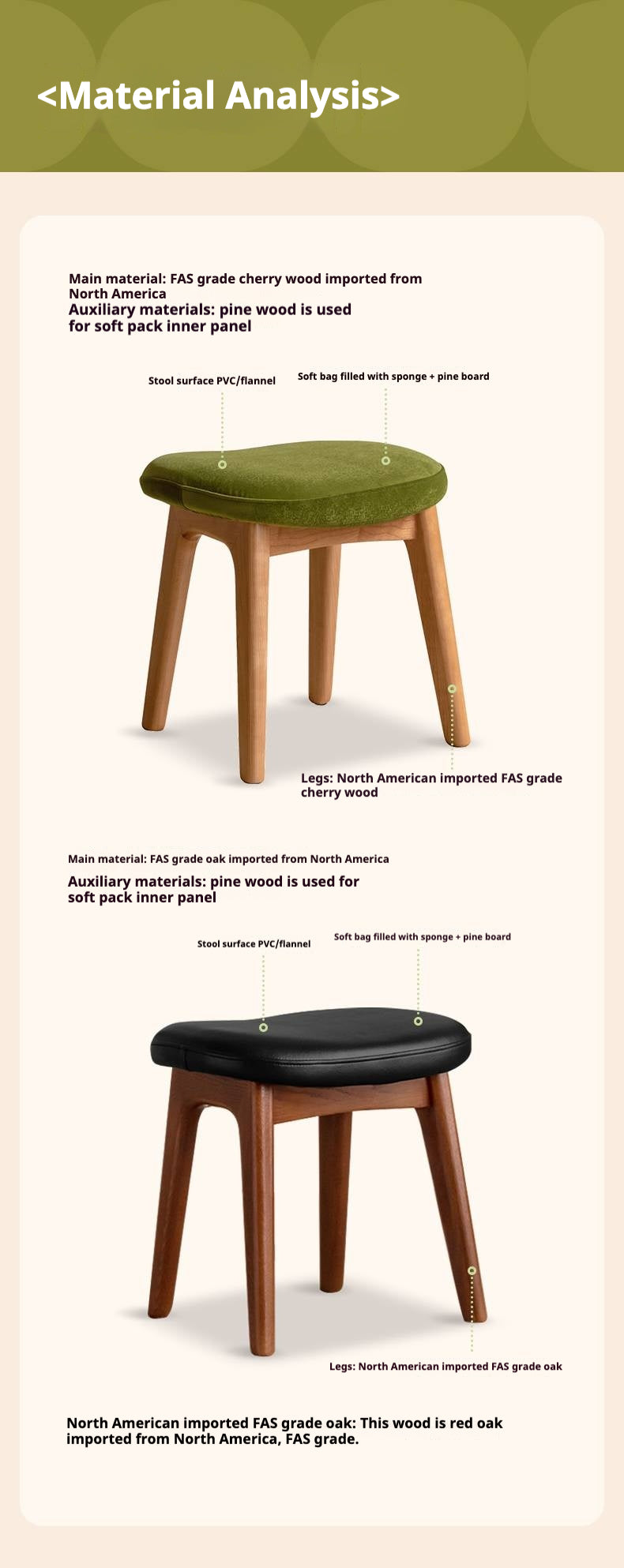 Oak, Cherry Solid Wood Makeup Stool.