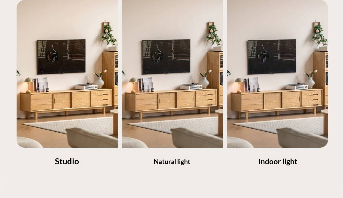 Oak Solid Wood TV Console with Ribbed Sliding Doors and Open Shelving
