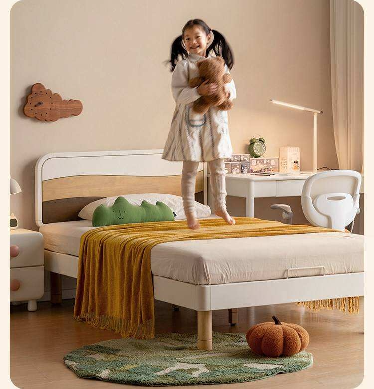 Rubberwood Solid Wood Kids Montessori Platform Bed with Adjustable Headboard, Warm White