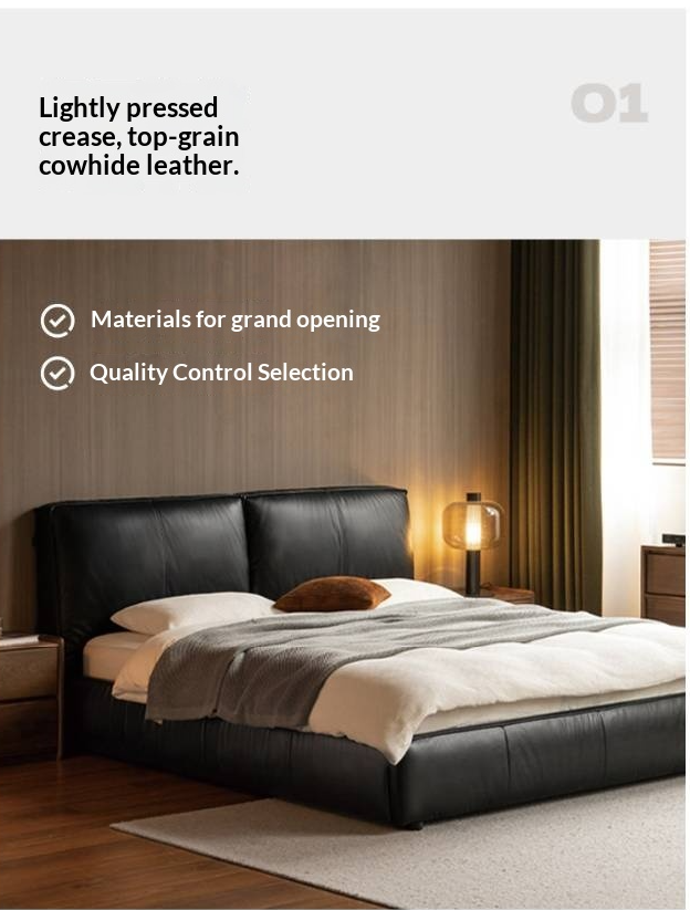 Genuine Leather Upholstered Bed — Black Large Bed, Italian Light Luxury Design