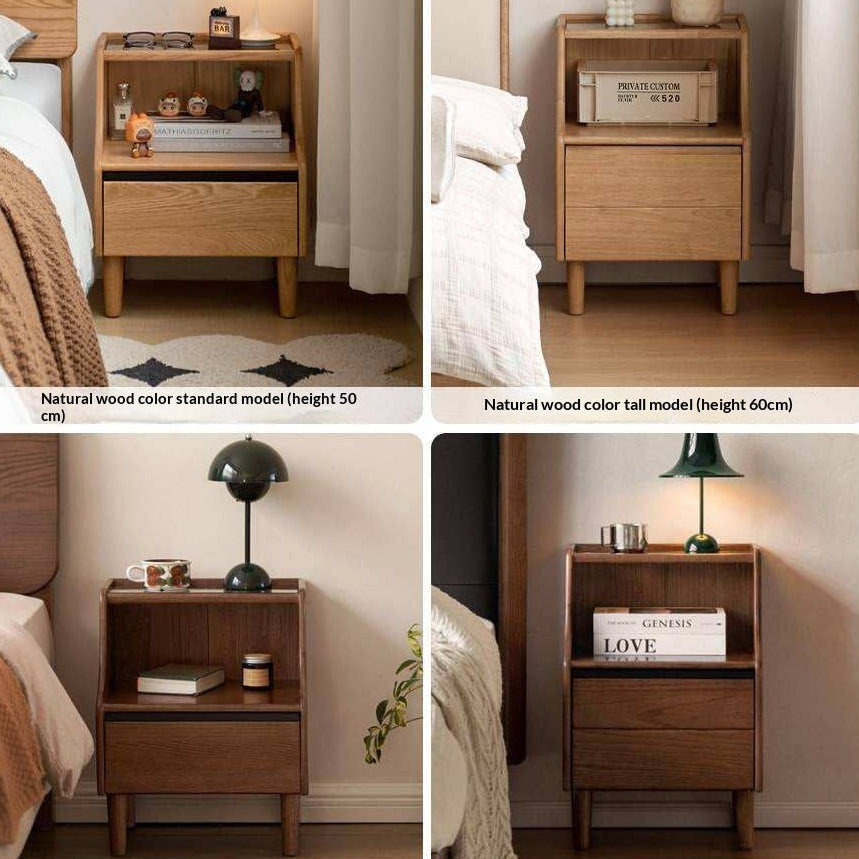 Oak Solid Wood, Solid RubberWood Nightstand with Glass Door with Storage
