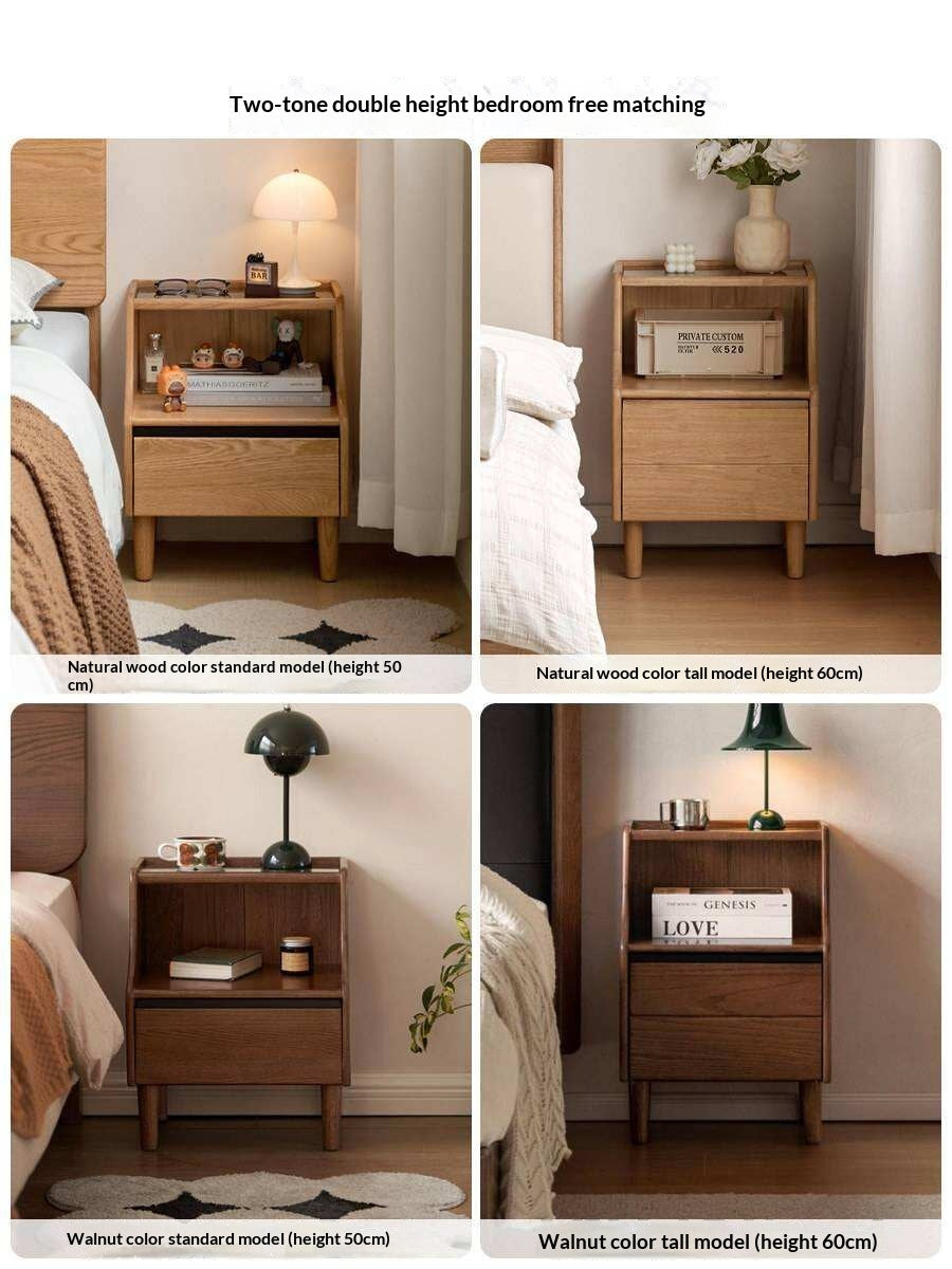 Solid RubberWood, Oak Solid Wood Nightstand with Glass Door with Storage