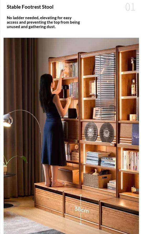Cherry Solid Wood Bookcase with Wall Integration and Floor Storage Cabinet