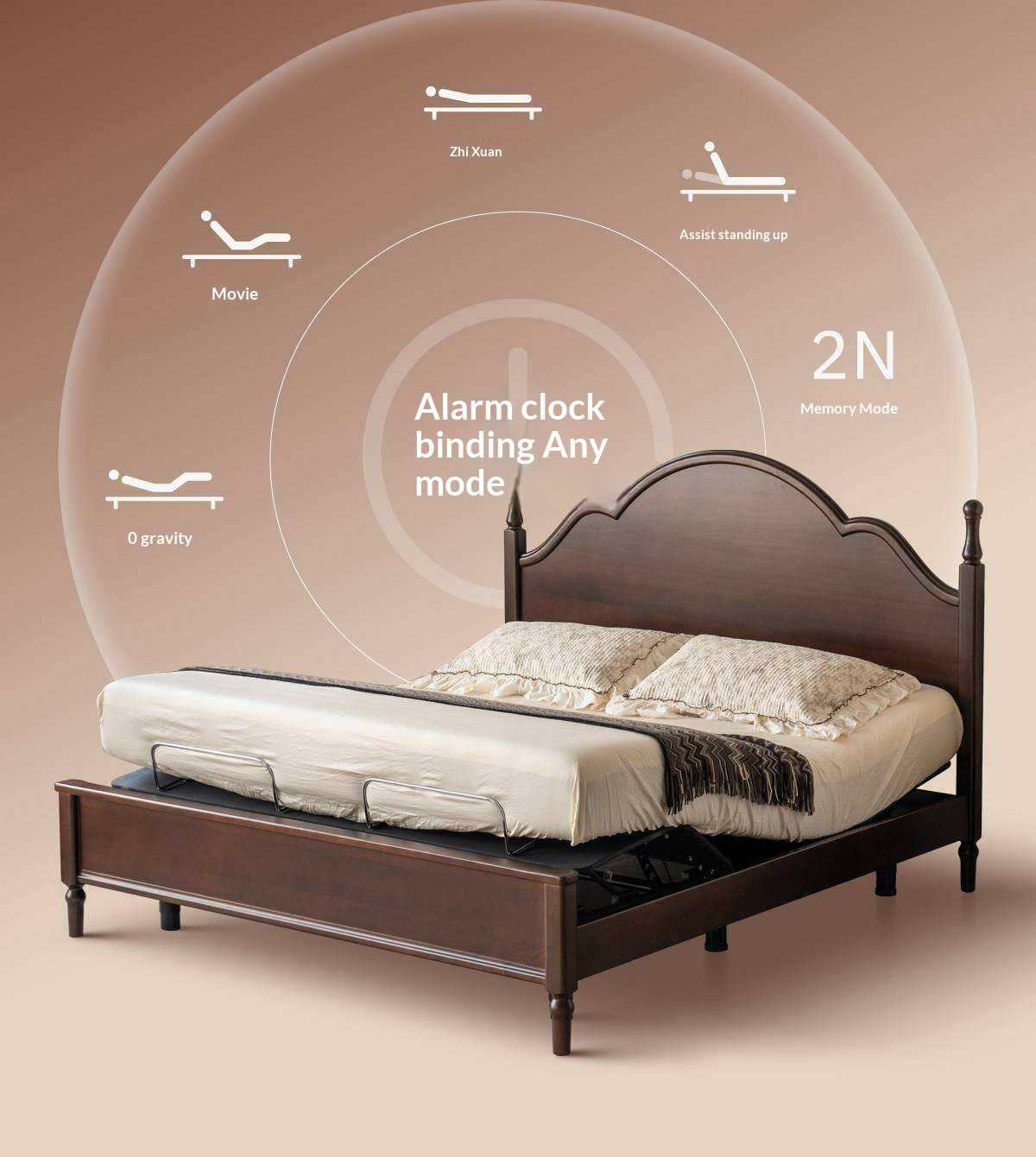 Poplar Solid Wood Adjustable Bed Frame with Arched Spindle Post Headboard