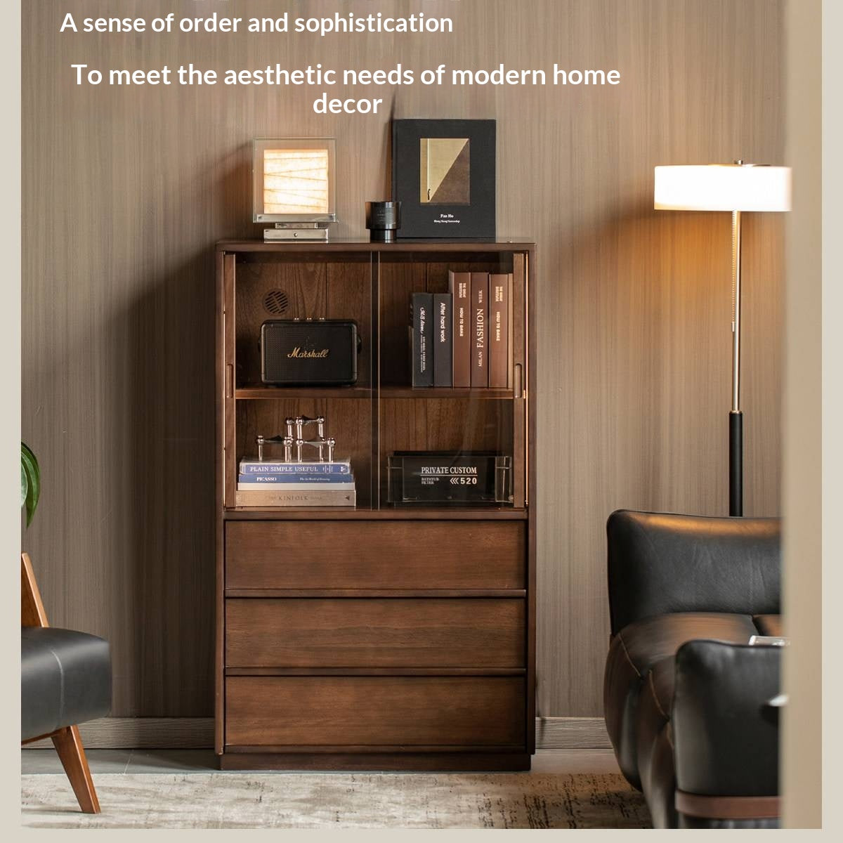 Sandalwood Solid Wood Tall Side Cabinet with Louvered Sliding Door and LED Lighting