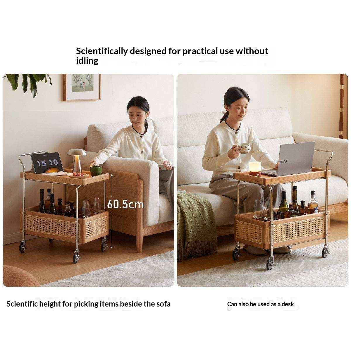 Oak Solid Wood Side Table with Double Layer Storage and Rattan Accents, Mobile