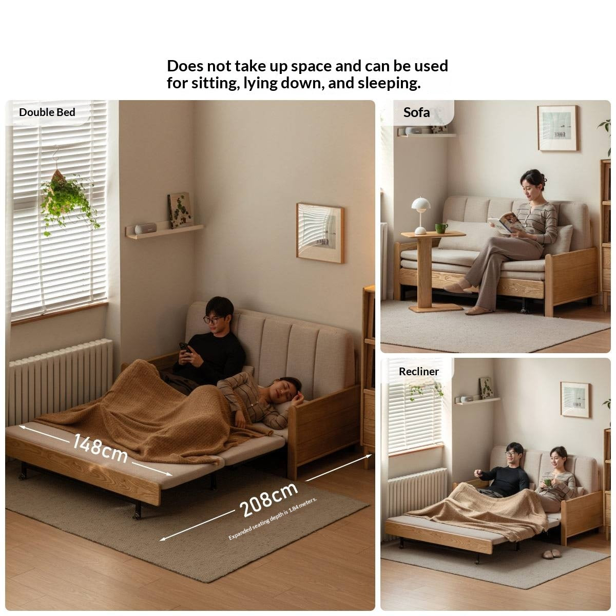 Ash, Oak Solid Wood Sleeper Sofa with Solid Wood Armrests and Built-In Wheels