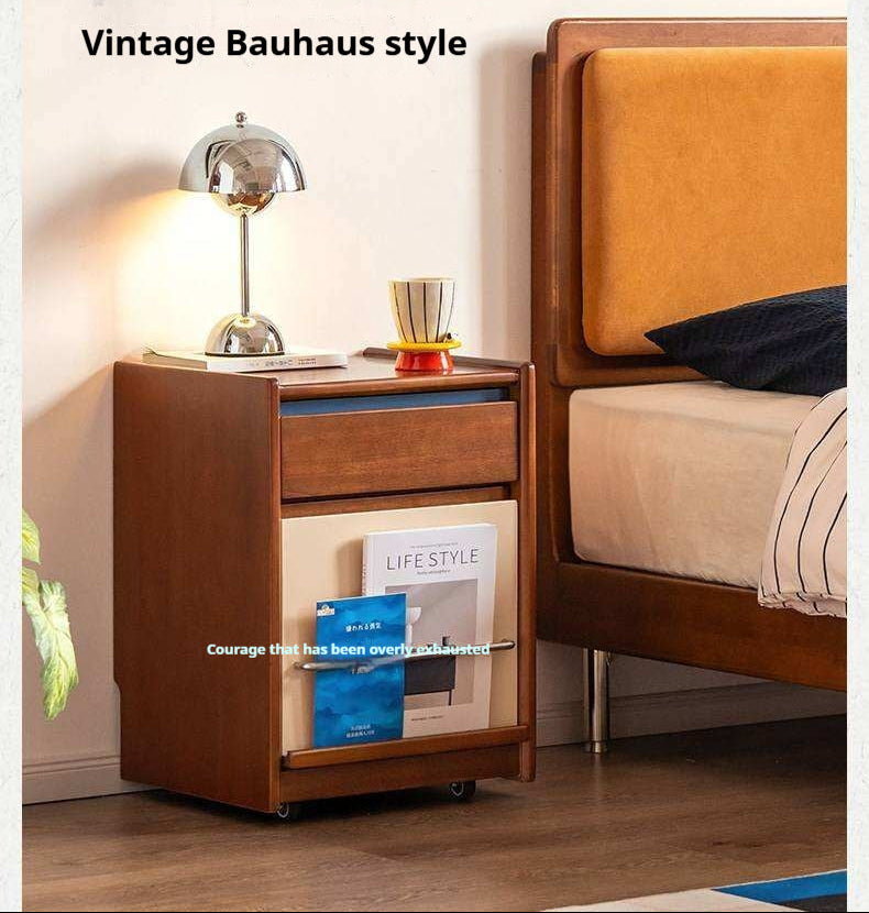 Cherry Solid Wood Nightstand with Storage Drawer and Magazine Holder with Wheels