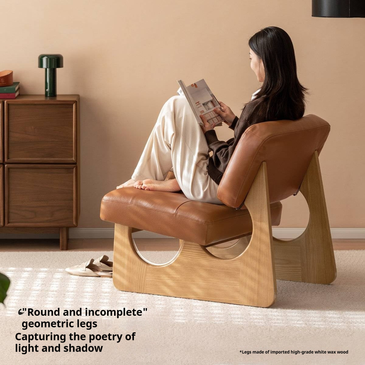 Ash Solid Wood Genuine Leather Accent Chair, Vintage Style Lounge Chair