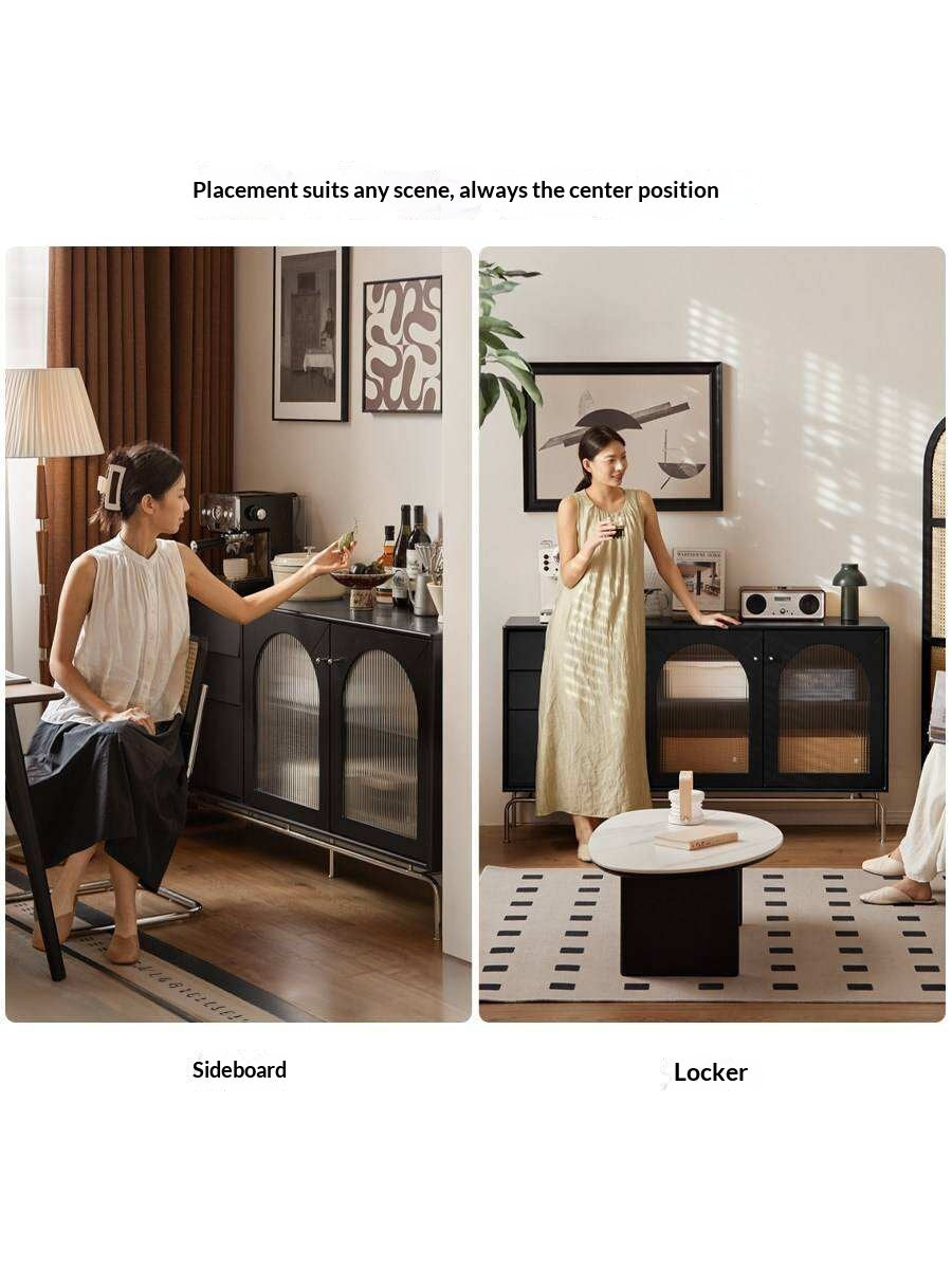 Solid Rubberwood French Retro Sideboard Black Glass