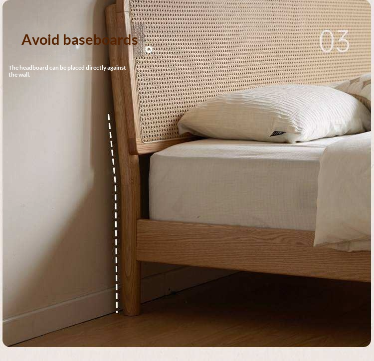 Oak Solid Wood Platform Bed with Curved Rattan Headboard
