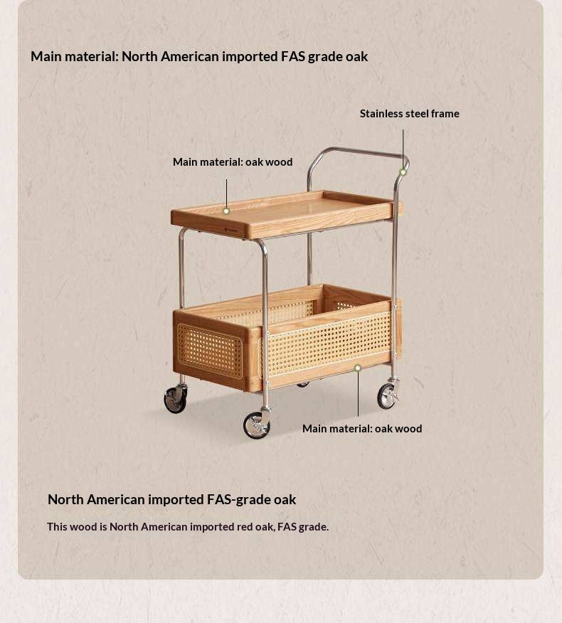 Oak Solid Wood Side Table with Double Layer Storage and Rattan Accents, Mobile