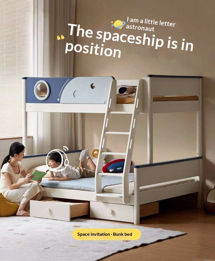Rubberwood Solid Wood Spaceship-Themed Bunk Bed with Porthole Window