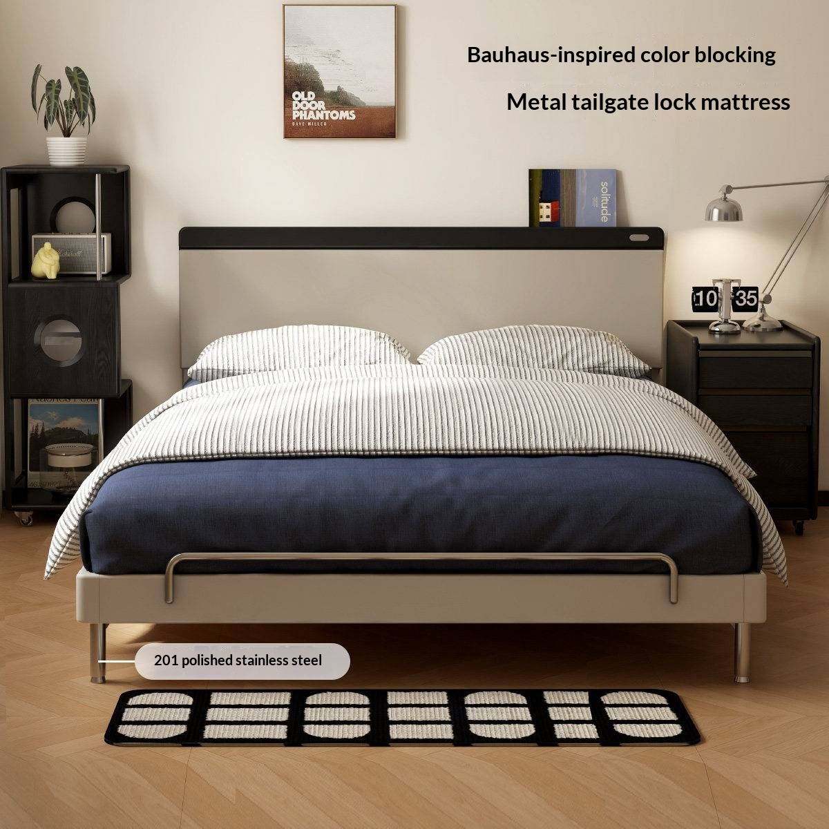 Rubberwood Solid Wood Bauhaus Platform Bed with Adjustable Headboard and Stainless Steel Legs