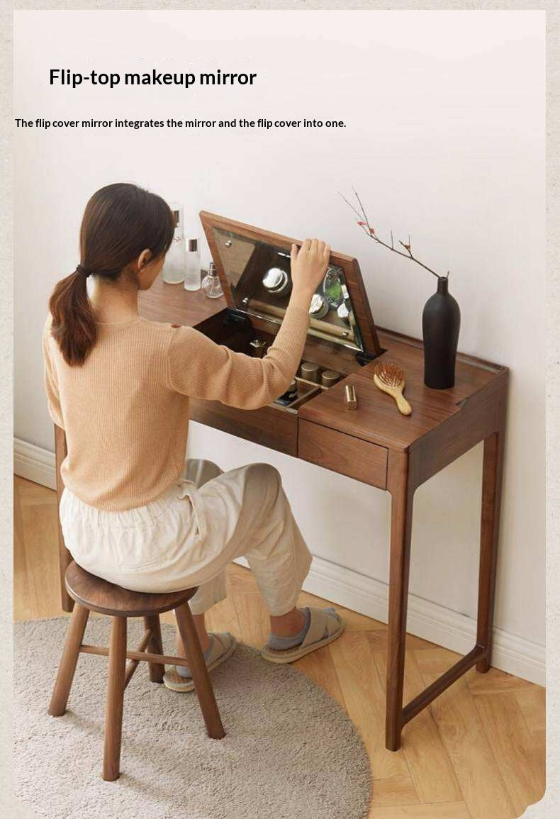 Black Walnut, Ash Solid Wood Flip Vanity Table.