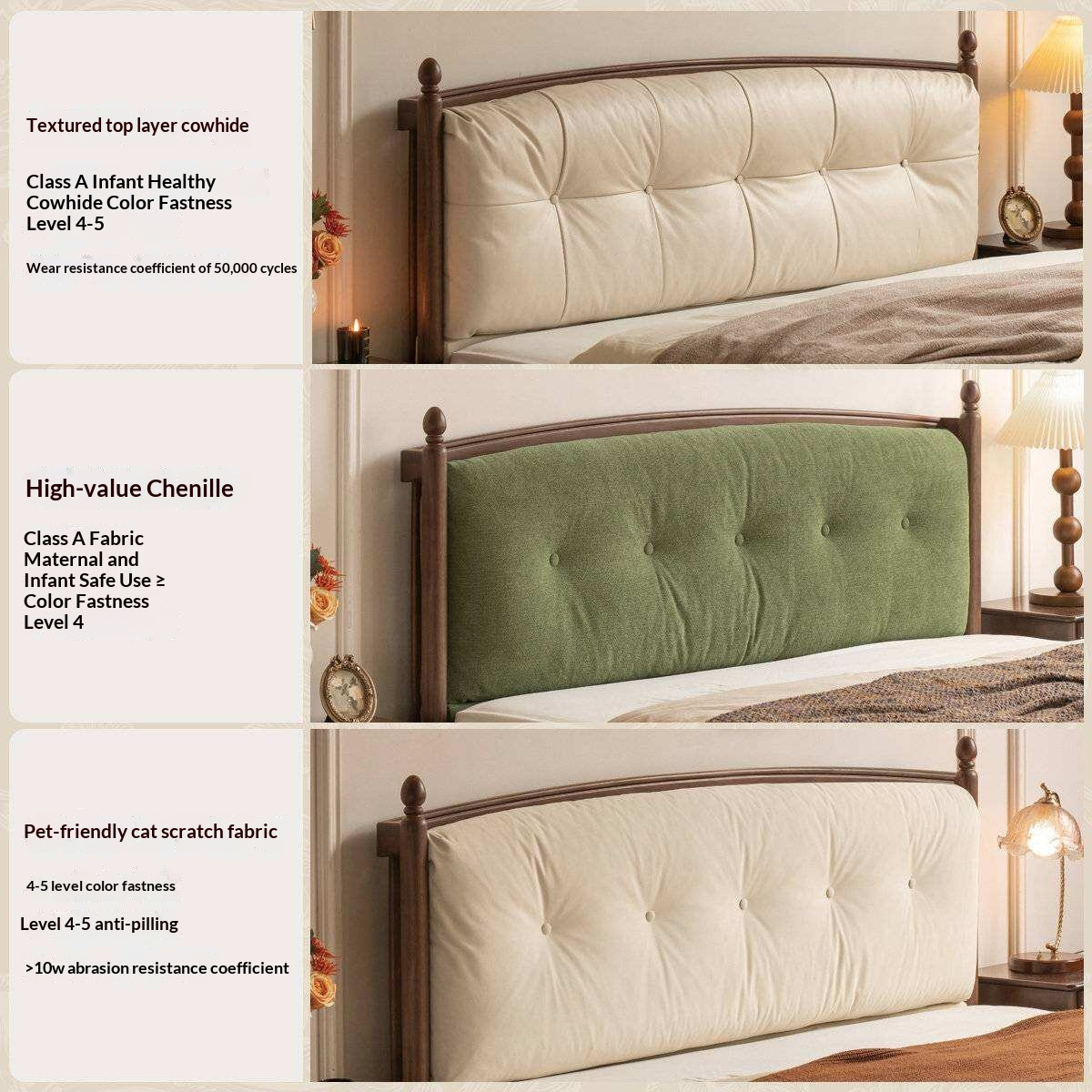 Black Walnut Solid Wood Four Poster Storage Bed with Tufted Headboard and Gas Lift