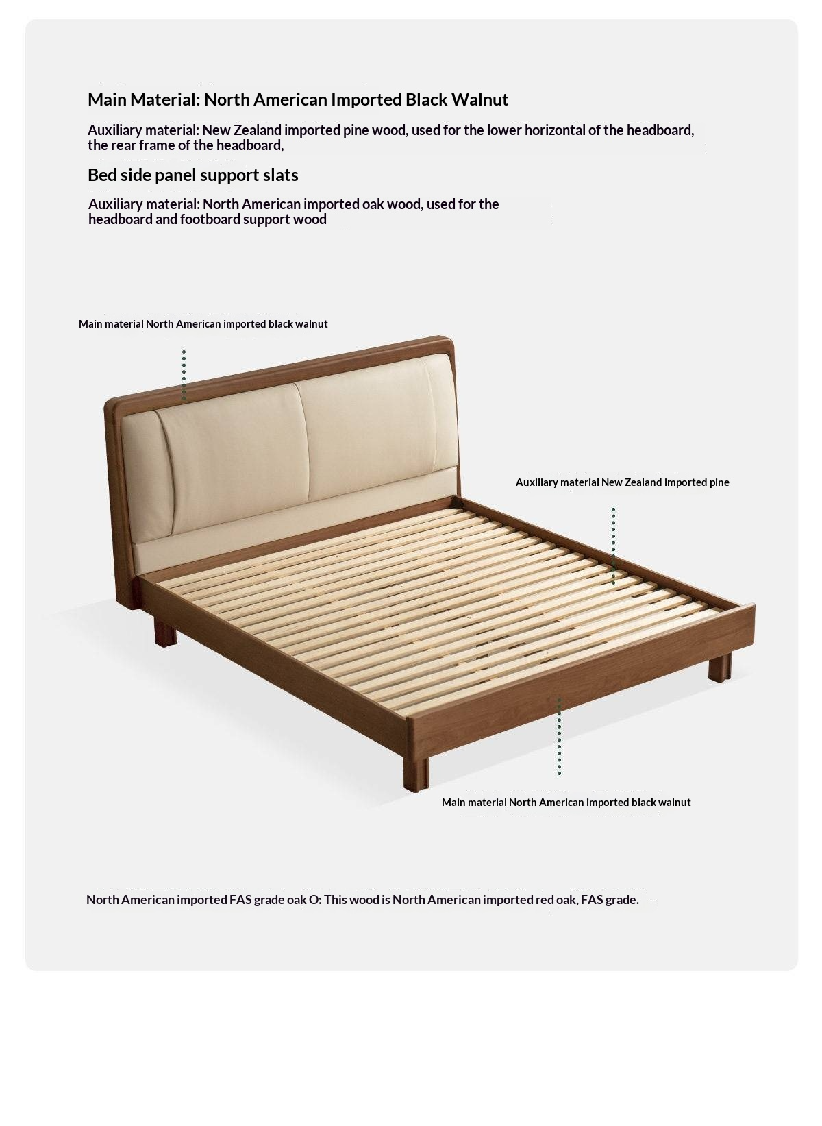 Black Walnut Solid Wood Italian Genuine Leather Bed with Down-Filled Upholstered Headboard