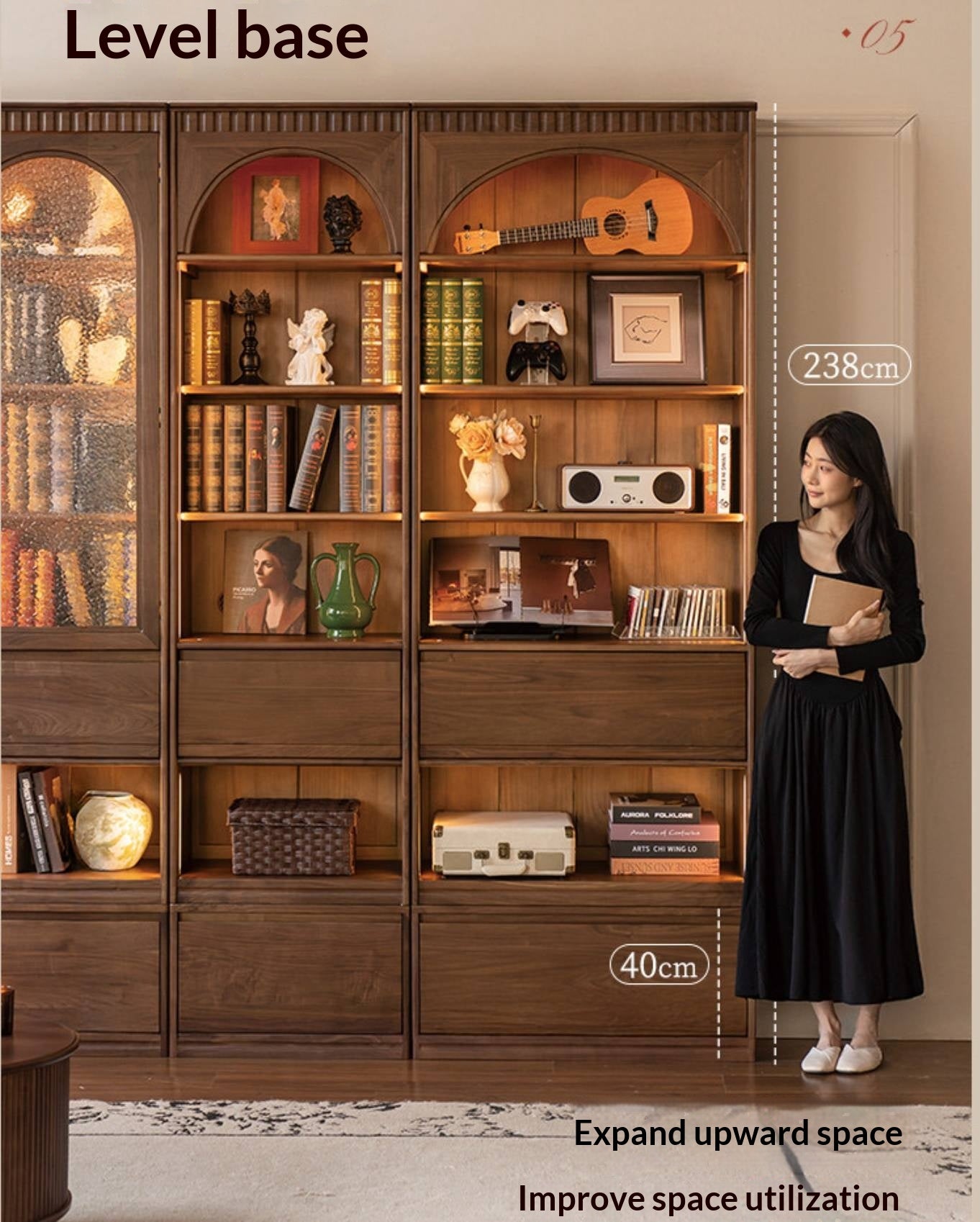 Black Walnut, Solid Sandalwood Arched Vintage Bookcase with Glass Door and Storage Drawer