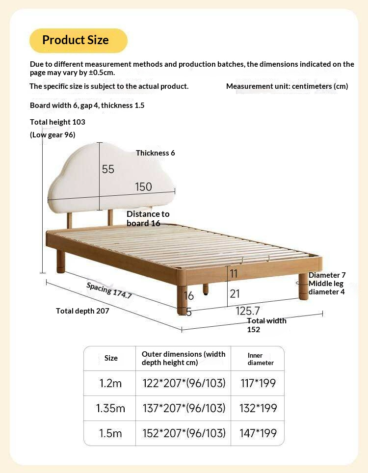 Beech Solid Wood Upholstered Kids Bed with Cloud-Shaped Headboard