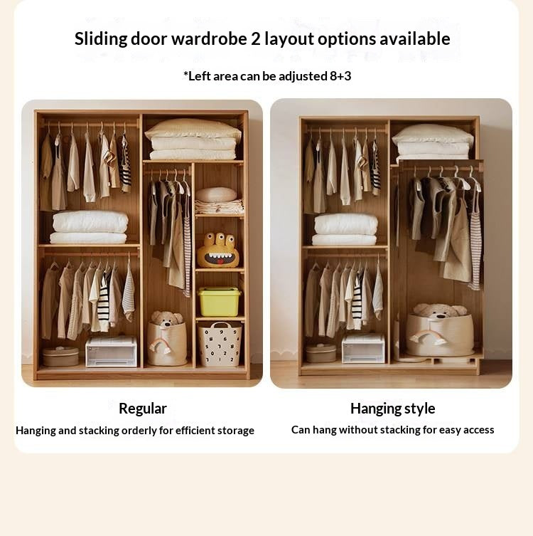 Beech Solid Wood Kids Sliding Door Wardrobe with Adjustable Shelves