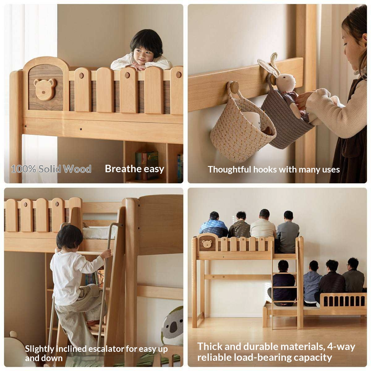 Beech Solid Wood L-Shaped Bunk Bed with Bookshelf Headboard and Detachable Guardrail
