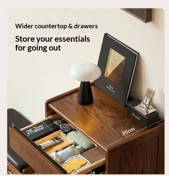 Oak Solid Wood Narrow Shoe Storage Cabinet with Flip-Top Compartment and Perforated Metal Door